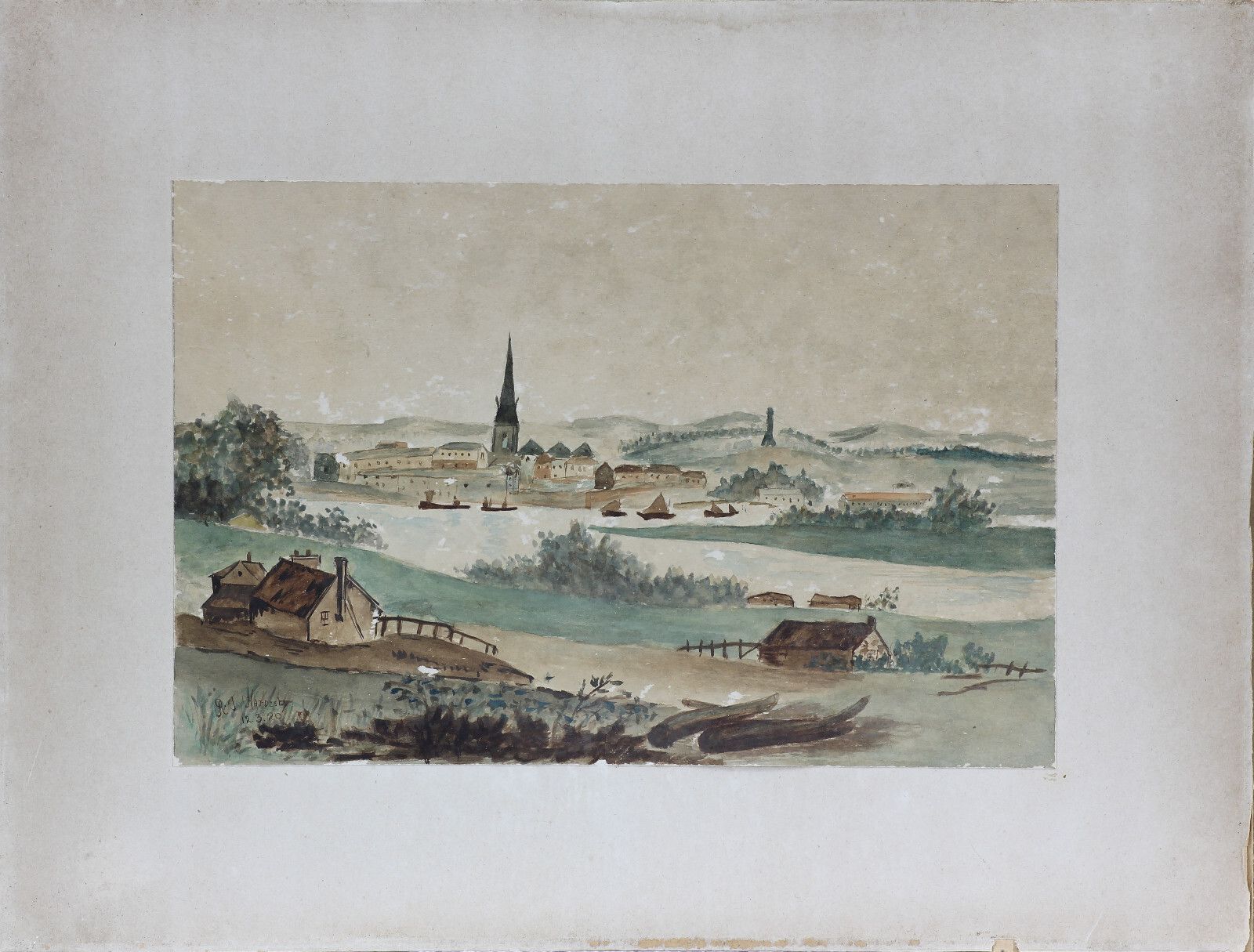 Watercolour By R. J. Hardesty. Landscape Town On A River photo furniture