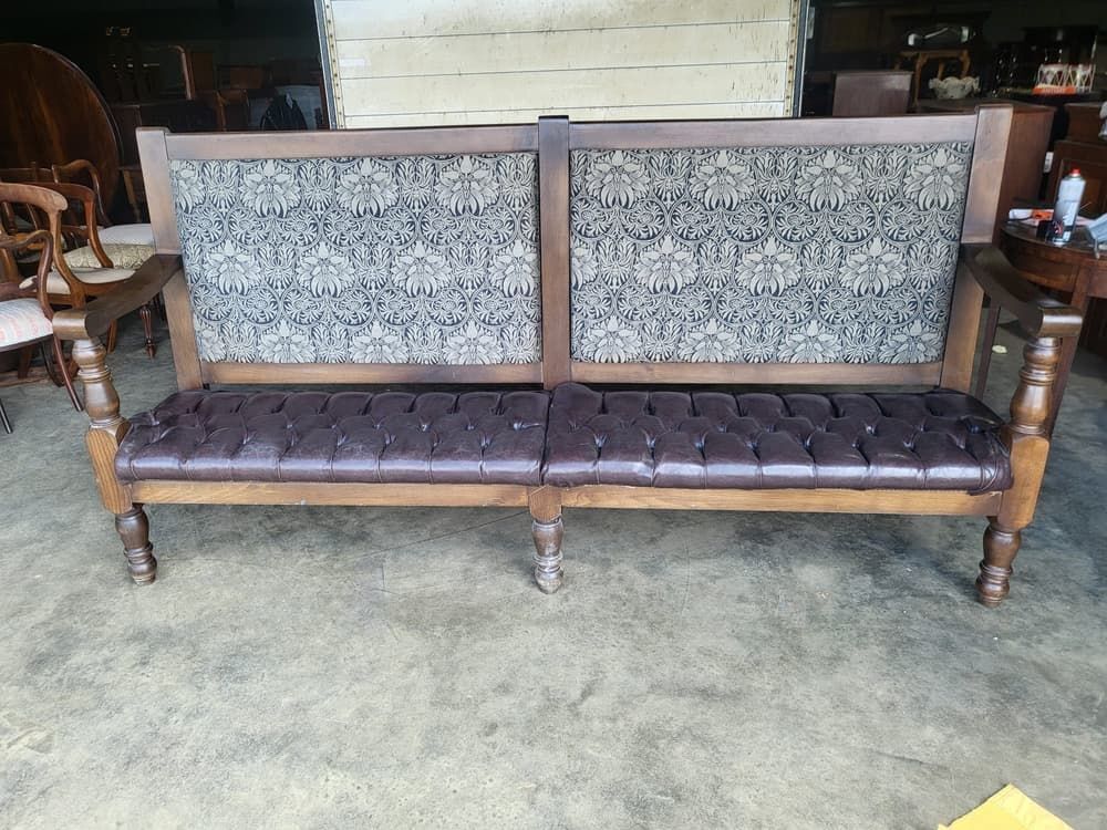 Large 8' Leather Seat High Back Bench Seat Turned Legs Home Business photo vinterior
