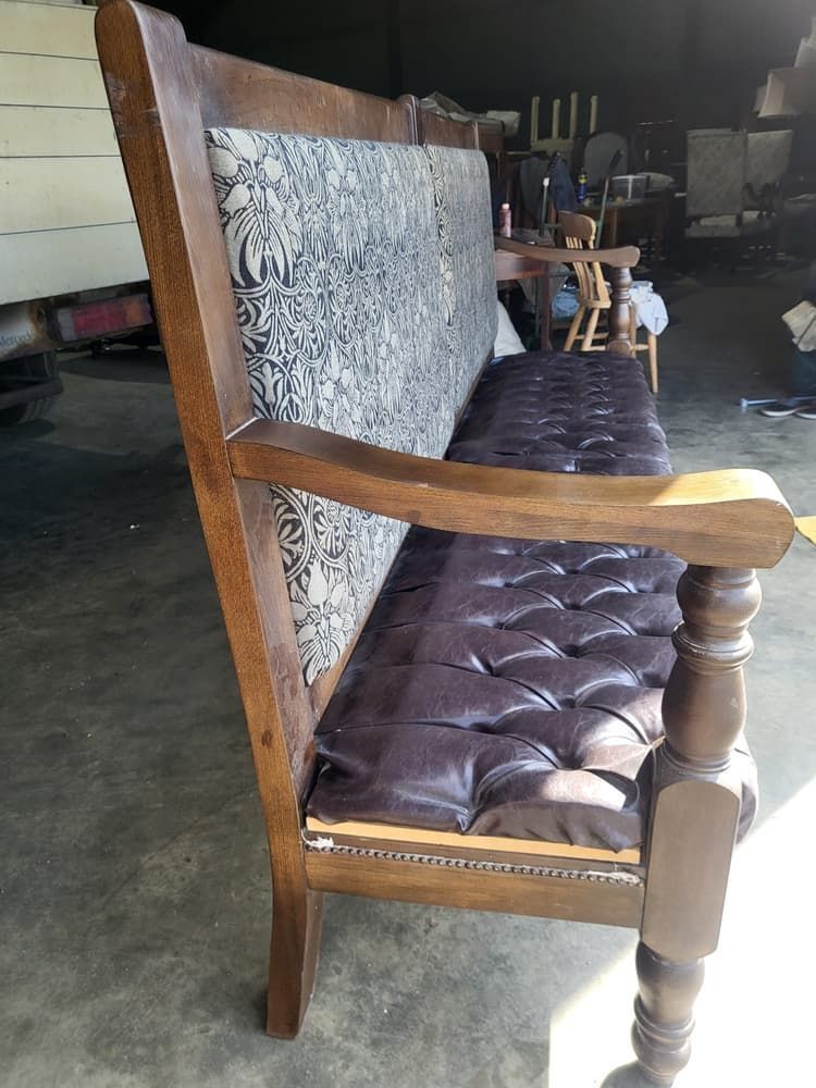 photo for sale Large 8' Leather Seat High Back Bench Seat Turned Legs Home Business