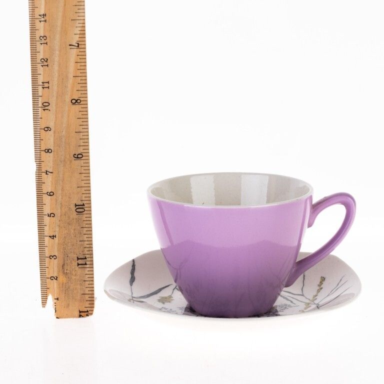 Staffordshire Whispering Grass Pattern Purple Porcelain Teacup With Saucer photo for sale
