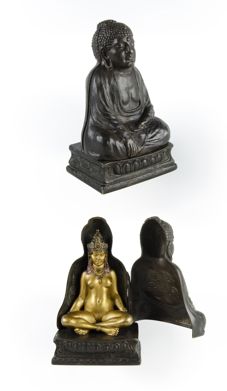 A Set Of Jugendstil Cold Painted Bronze Sculptures Of Buddha And A Gilt Priestess By Franz Bergmann, Austria