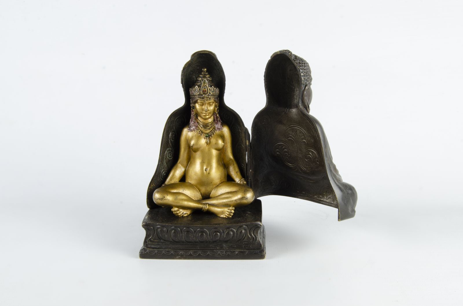 photo for sale A Set Of Jugendstil Cold Painted Bronze Sculptures Of Buddha And A Gilt Priestess By Franz Bergmann, Austria