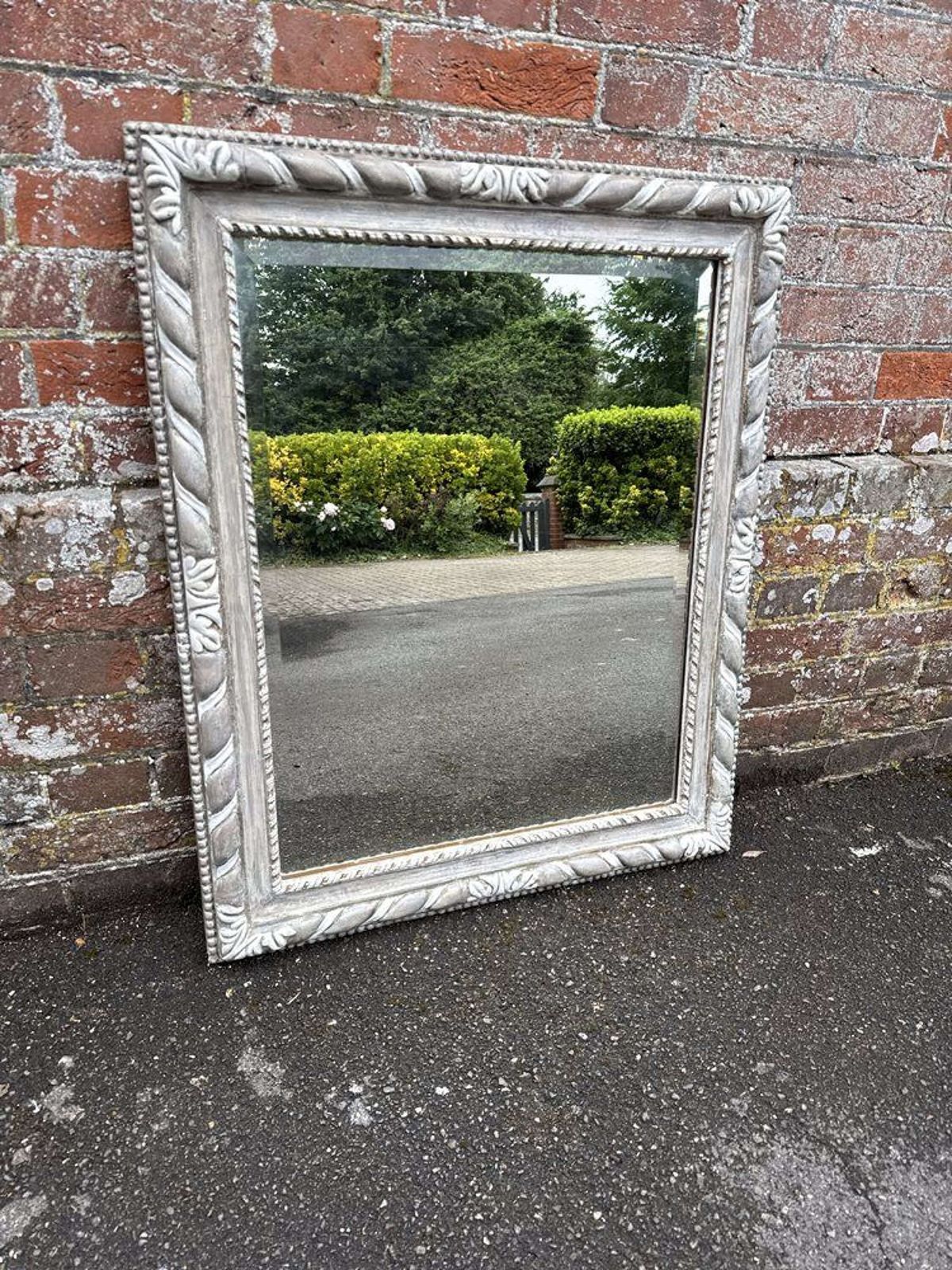 A Delightful Early 20th C English Carved Wood & Gesso Painted Mirror.