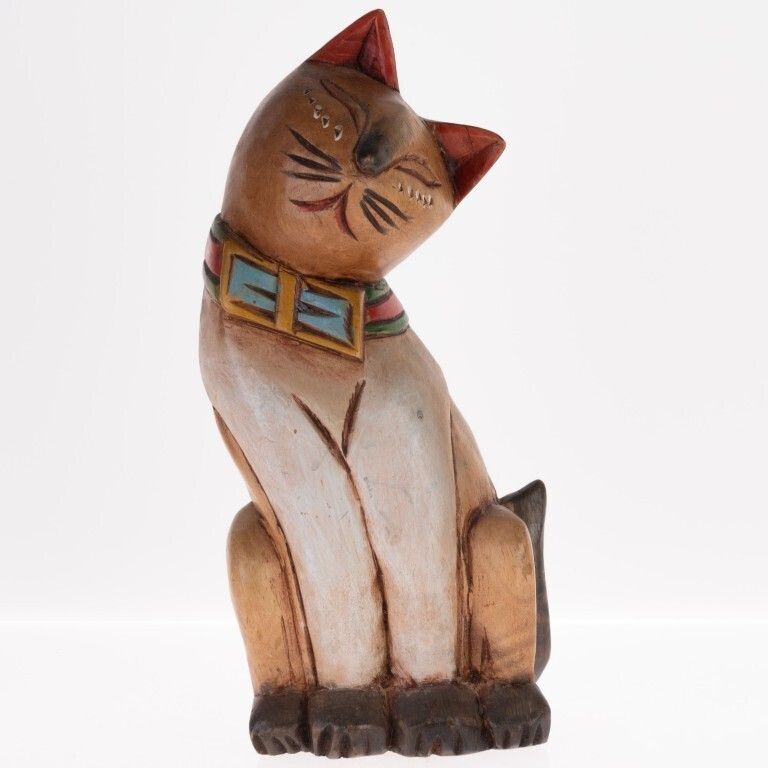 Mid Century Hand Carved Wooden Cat Sculpture
