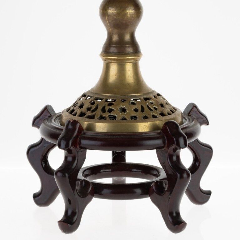 Antique Indian Pierced Bronze Incense Burner On Wooden Stand photo furniture