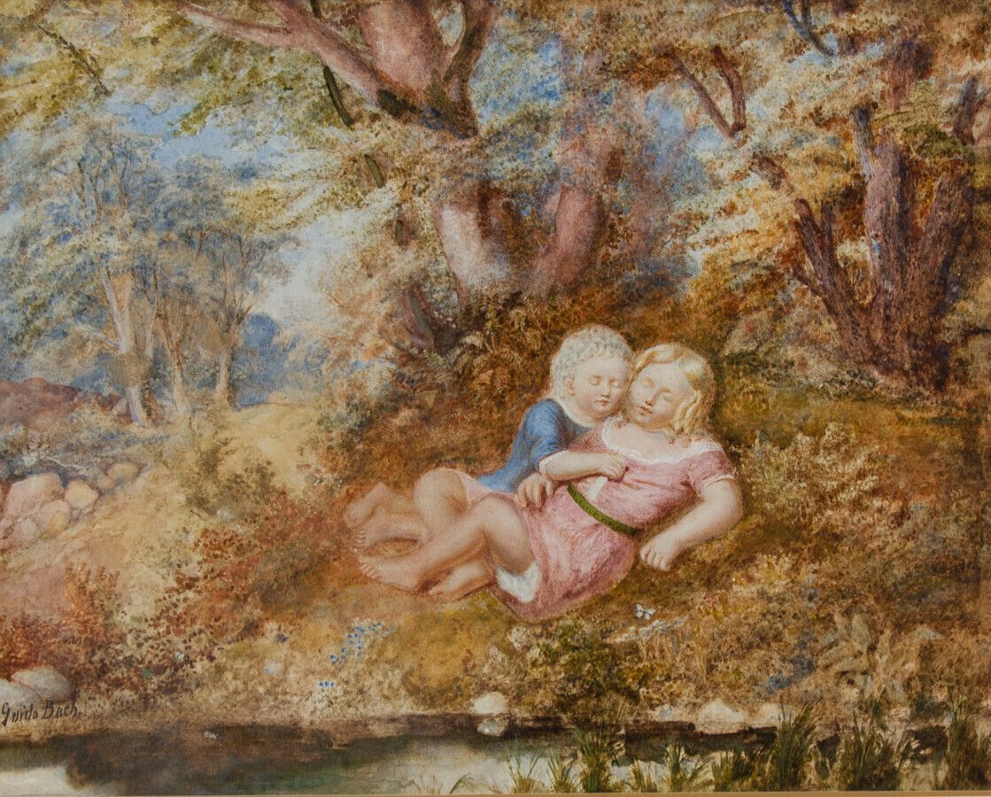 Guido Reni Bach (1826 1905)   Mid 20th Century Watercolour, Babes In The Wood photo furniture