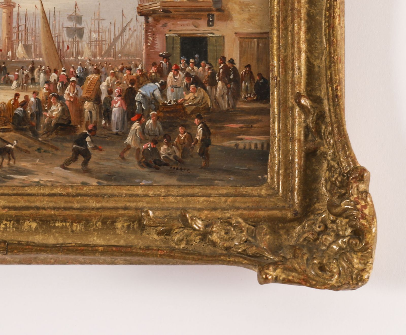Antique Oil Painting Italian Harbour Scene 19th C photo vinterior