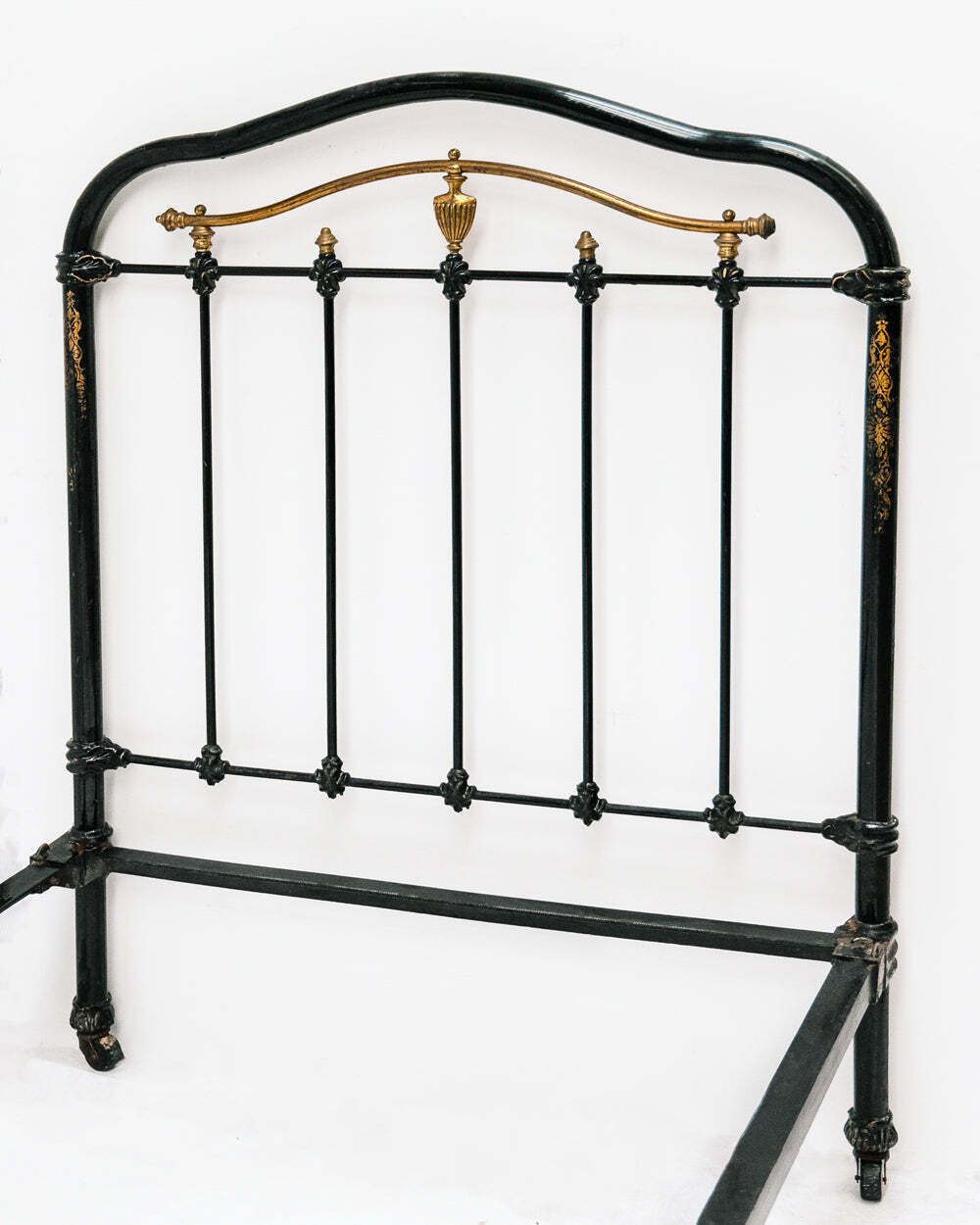 Matching Pair Of Antique Cast Iron Antique Single Beds In Black And Gold photo for sale