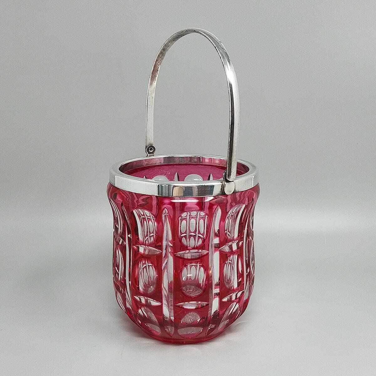 photo furniture 1960s Gorgeous Red Bohemian Cut Crystal Glass Cocktail Shaker With Ice Bucket. Made In Italy