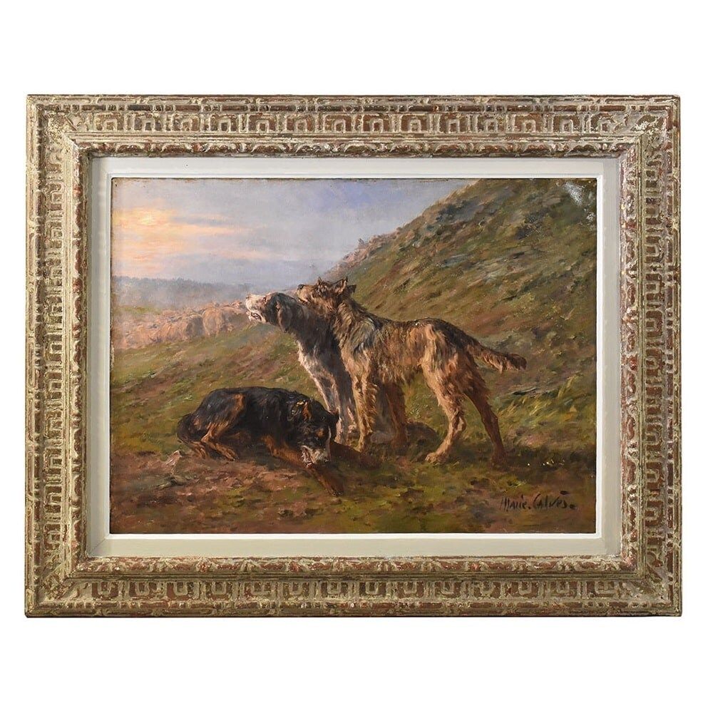 Shepherd Dogs Portrait Painting, Oil On Canvas, Early 20th Century.