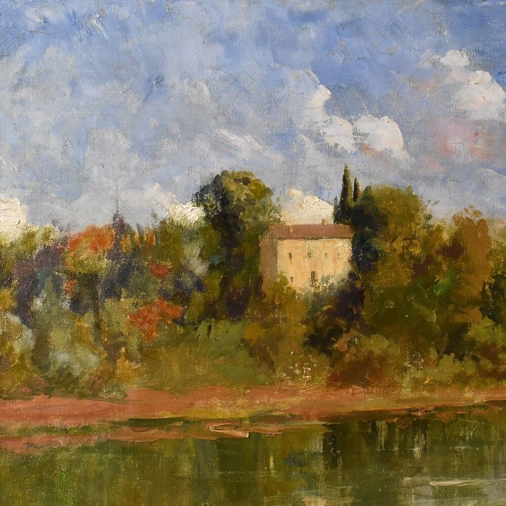 Landscape Painting With River, Oil On Canvas, XX Century. photo for sale