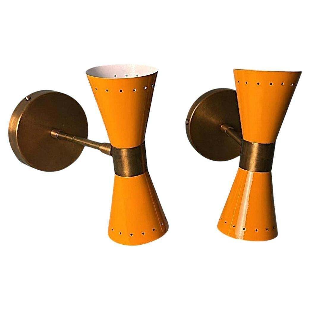Stilnovo Style  Pair Of Italian Wall Sconces In Lacquered Metal And Brass