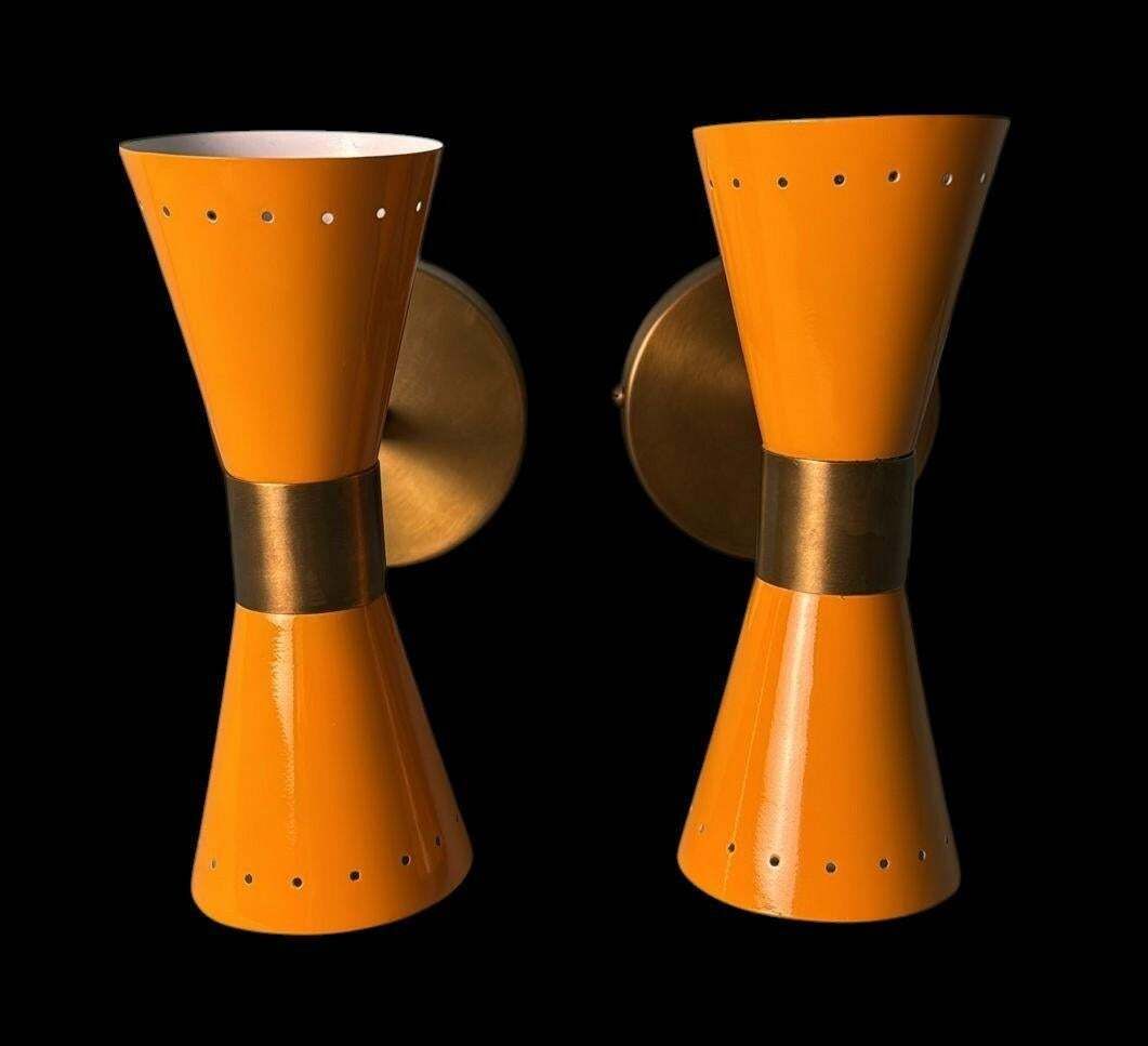 Stilnovo Style  Pair Of Italian Wall Sconces In Lacquered Metal And Brass photo Lighting