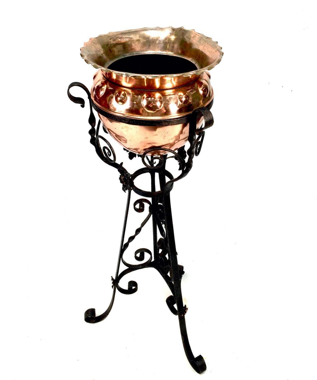 Antique Art Nouveau Copper Plant Pot / Jardiniere On Wrought Iron Stand C.1900 photo 219.0