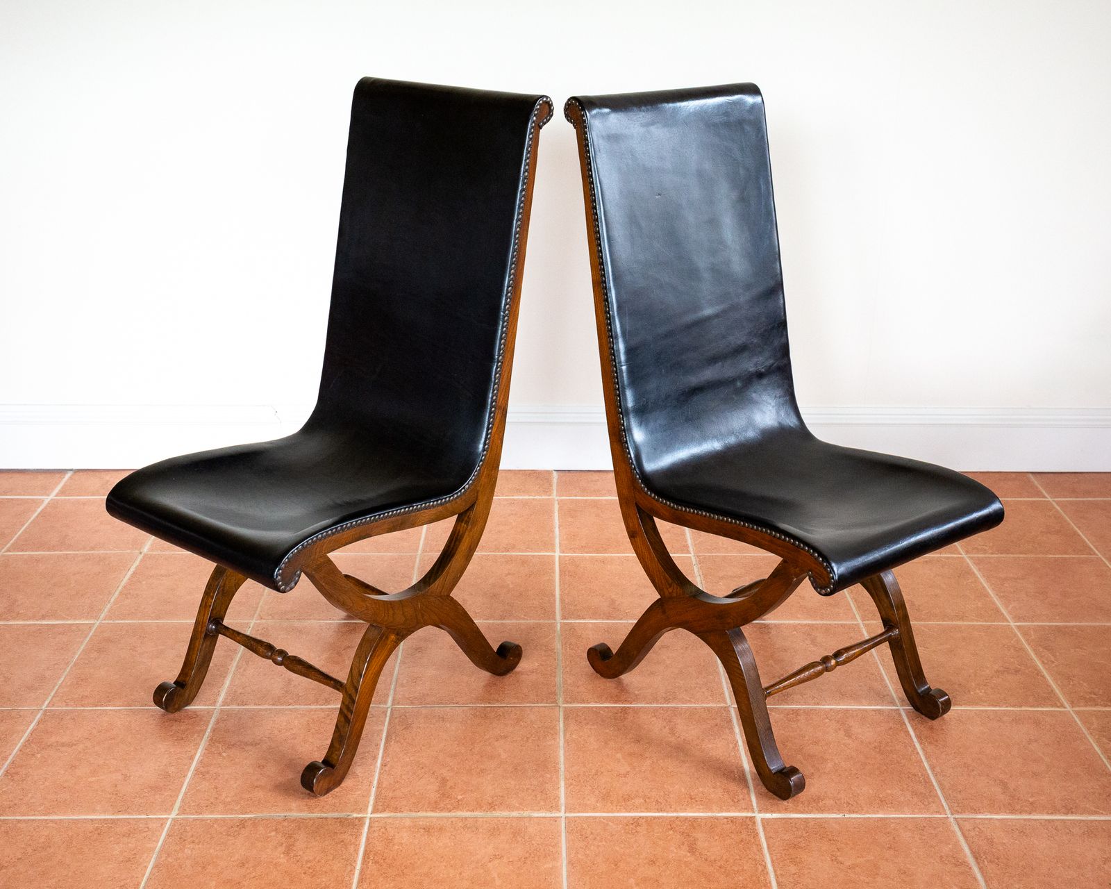 photo vinterior 4 Spanish Oak Leather Dining Chairs By Pierre Lottier Valmazan Mid Century Neoclassical Colonial 1960s Black Leather Sling Seat Studded Leather