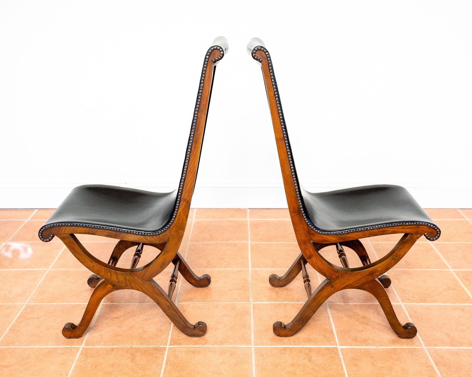 photo furniture 4 Spanish Oak Leather Dining Chairs By Pierre Lottier Valmazan Mid Century Neoclassical Colonial 1960s Black Leather Sling Seat Studded Leather
