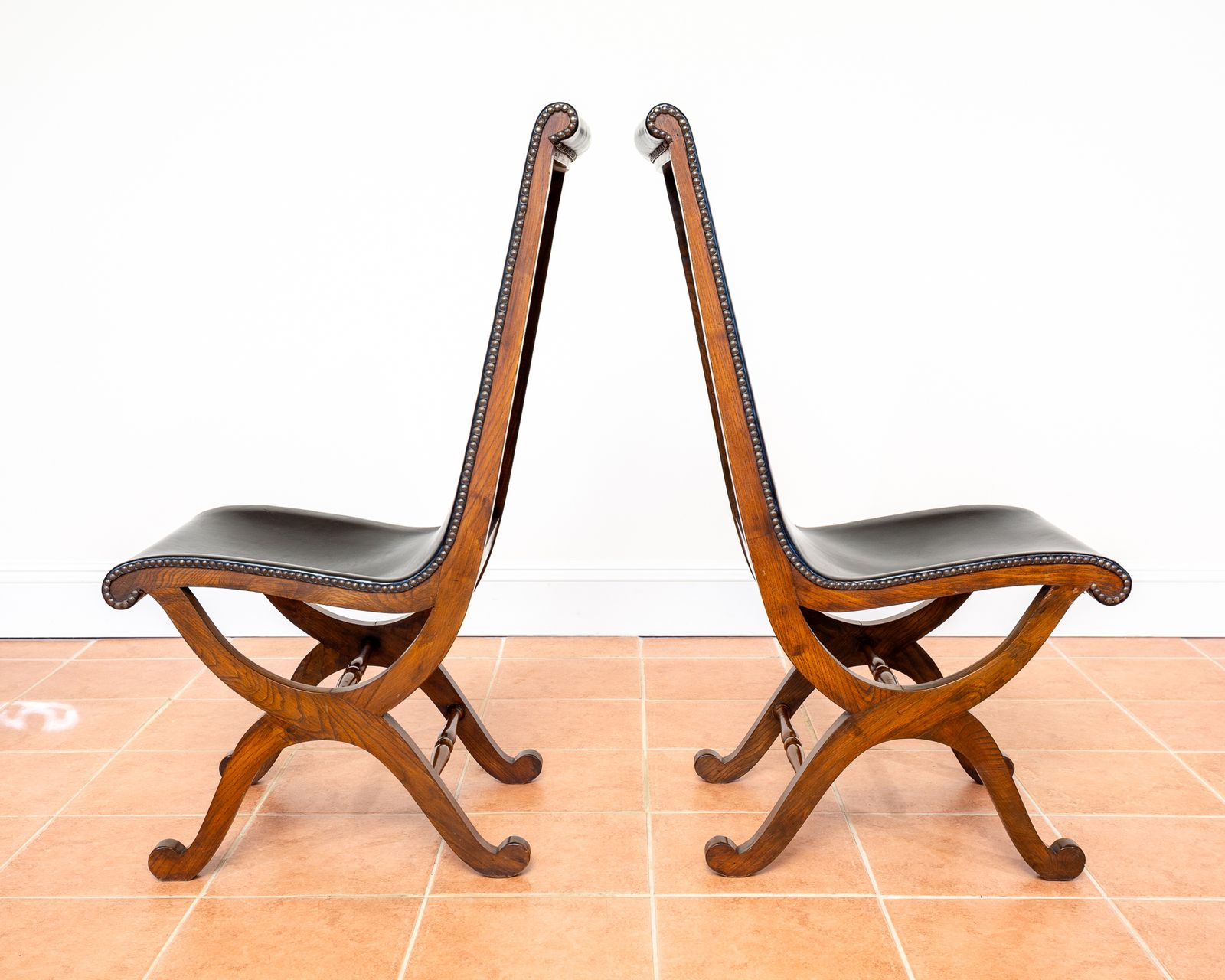 Furniture 4 Spanish Oak Leather Dining Chairs By Pierre Lottier Valmazan Mid Century Neoclassical Colonial 1960s Black Leather Sling Seat Studded Leather photo
