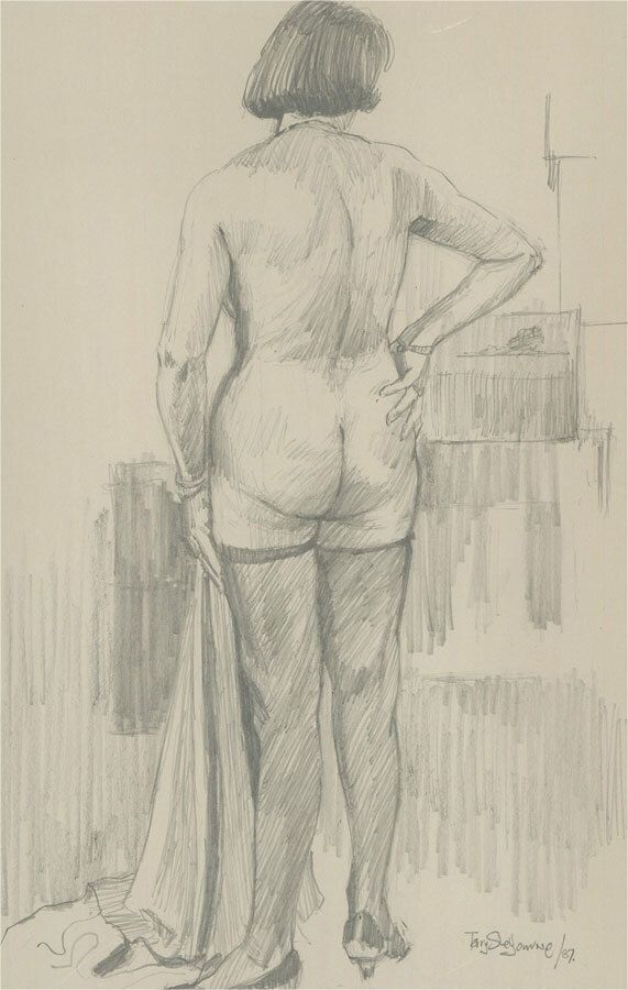 Terry Shelbourne (1930 2020)   1987 Graphite Drawing, Lady In Thigh Highs photo furniture