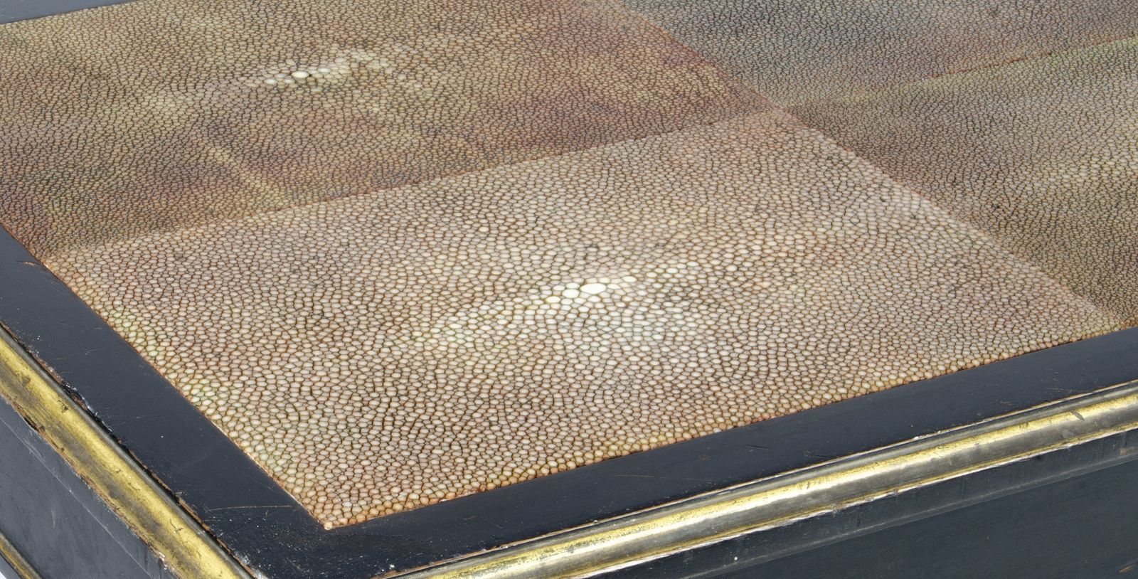 1930s Louis XVI Style Lacquered Wooden Low Coffee Table With Animal Skin Covered Top And Giltbronze Accents By Chanaux & Pelletier, France photo for sale