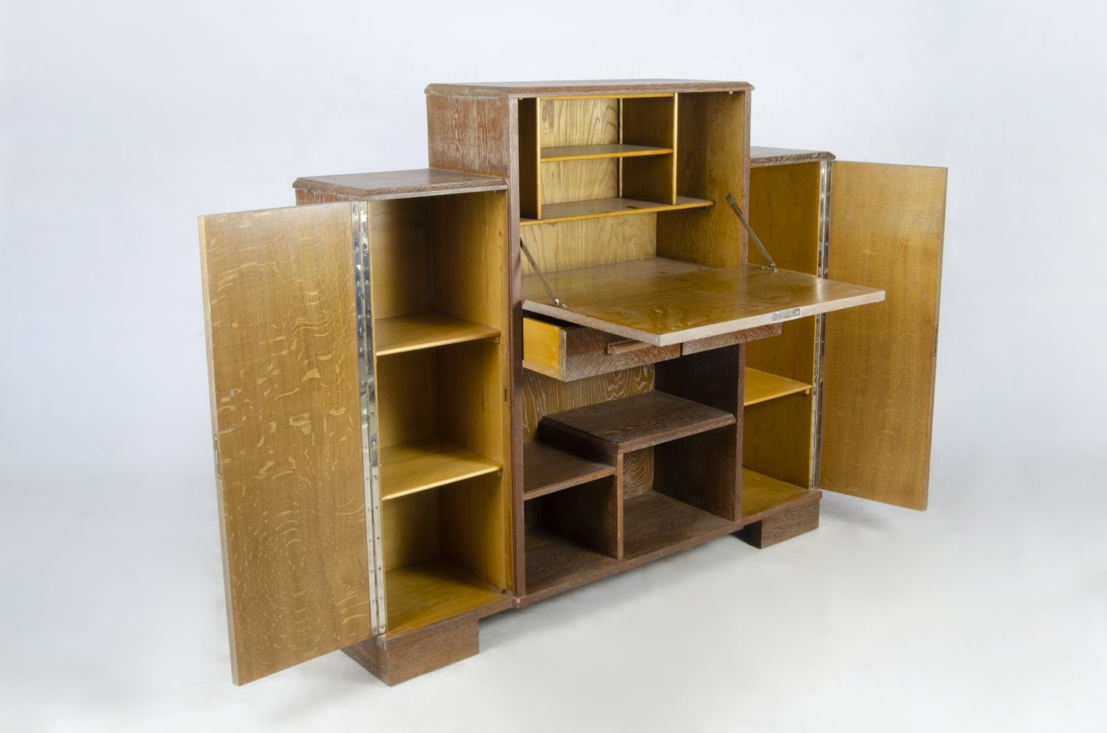 1930s Art Déco Veneered Wood Secretary Cabinet With Multiple Compartments In Jacques Adnet Style, France photo for sale
