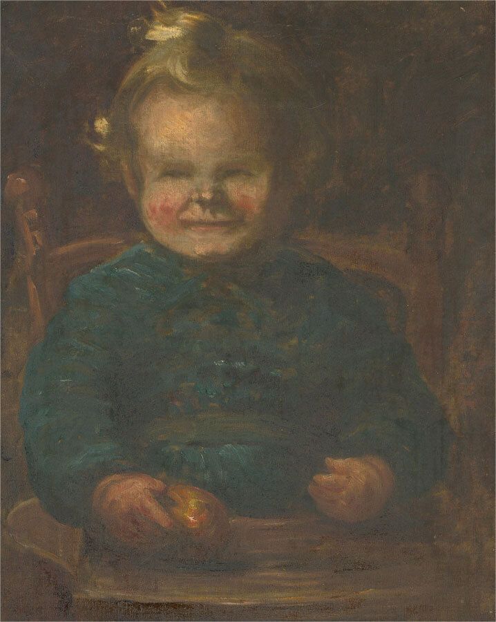 Early 20th Century Oil   Baby With Apple