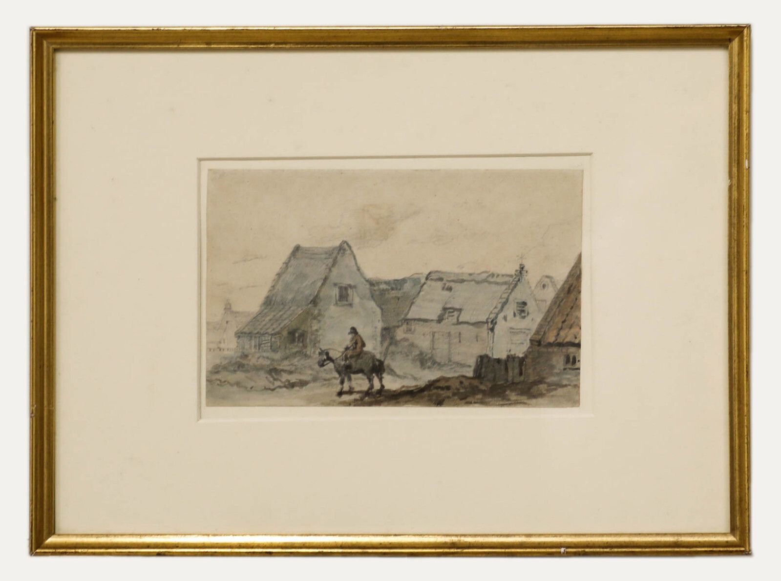 Framed Georgian Watercolour   Rider Before A Village
