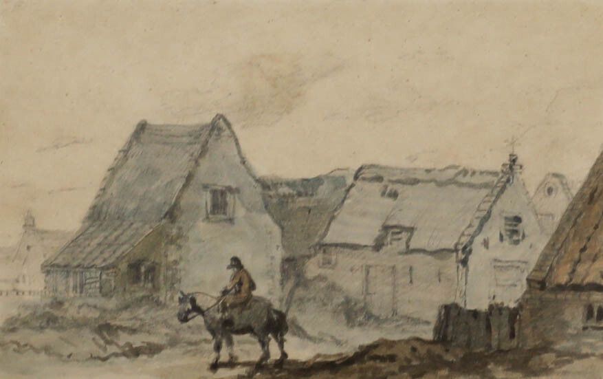 Framed Georgian Watercolour   Rider Before A Village photo furniture