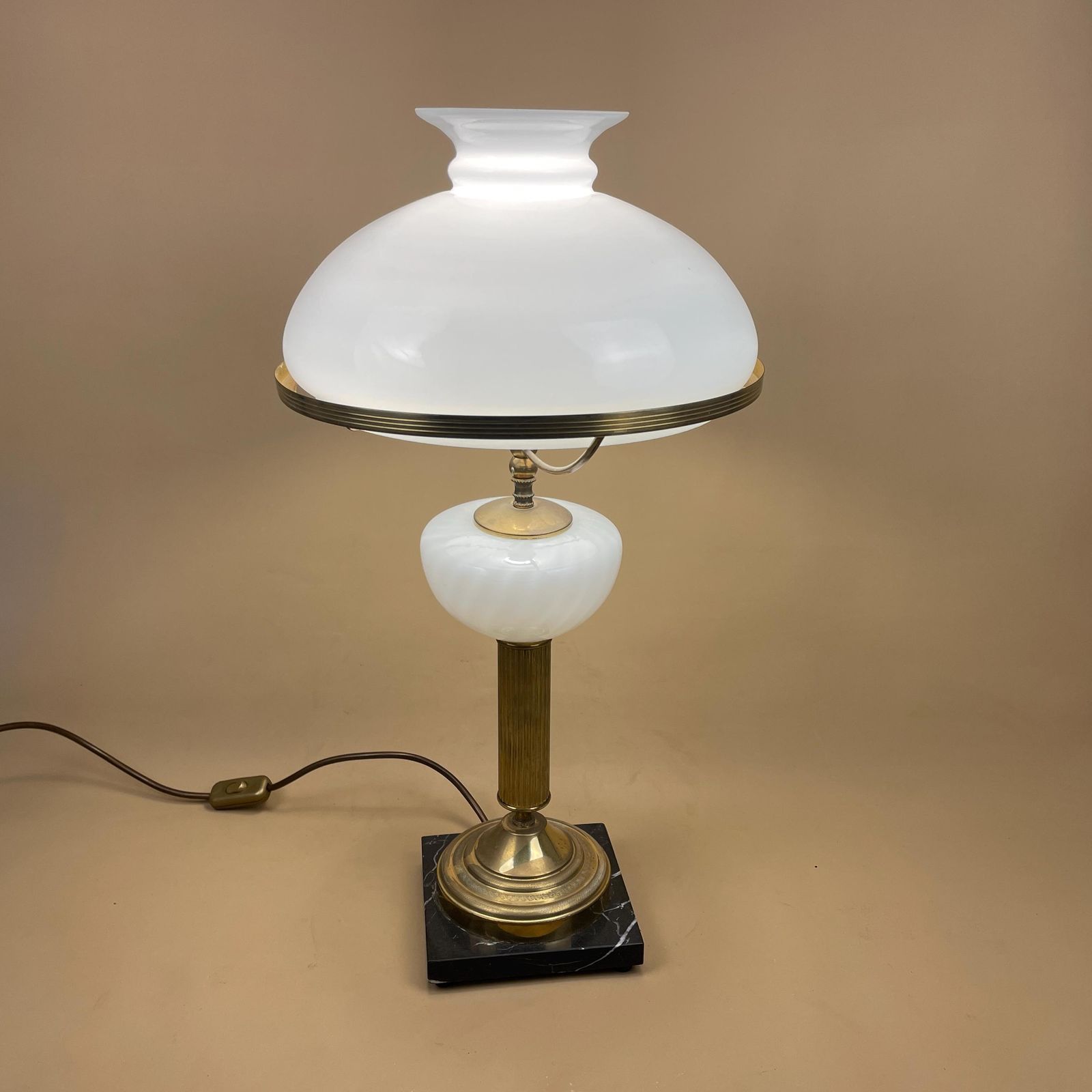 Vintage Oil Lamp Victorian Style Light Large Glass White Shade Black Square Marble Base Ornate Gold Column Antique Old Table Side Light