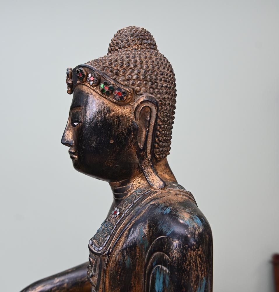 Art Vintage Burmese Buddha Statue Seated Meditation Lotus Pose photo