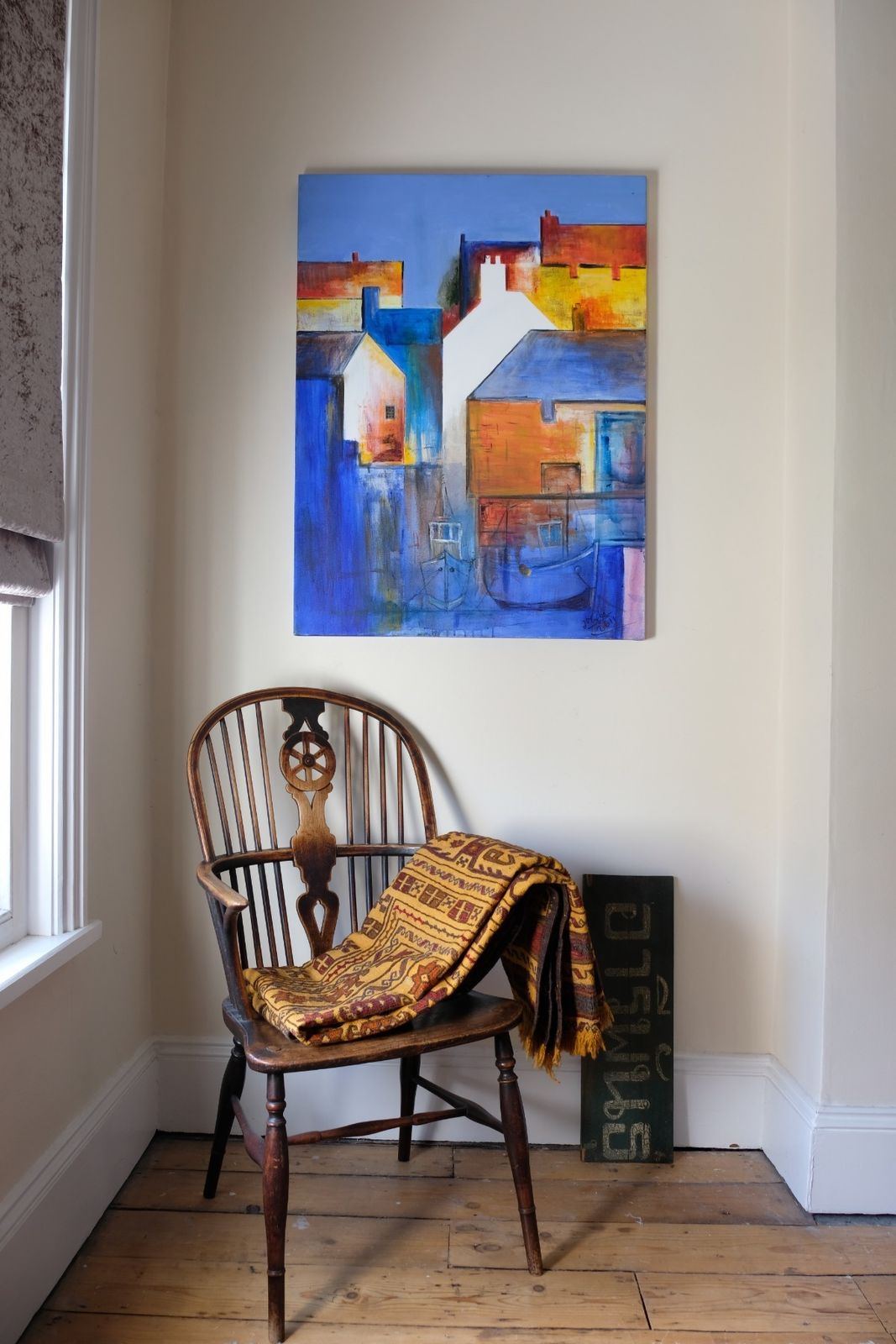 Oil On Canvas   Fishing Boats In The Shadows   A Colorful Burnt Orange & Blue Harbour Scene photo vinterior
