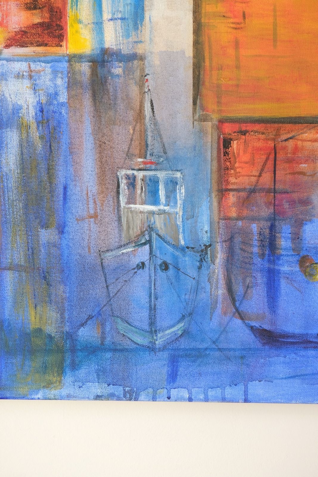 Art Oil On Canvas   Fishing Boats In The Shadows   A Colorful Burnt Orange & Blue Harbour Scene photo