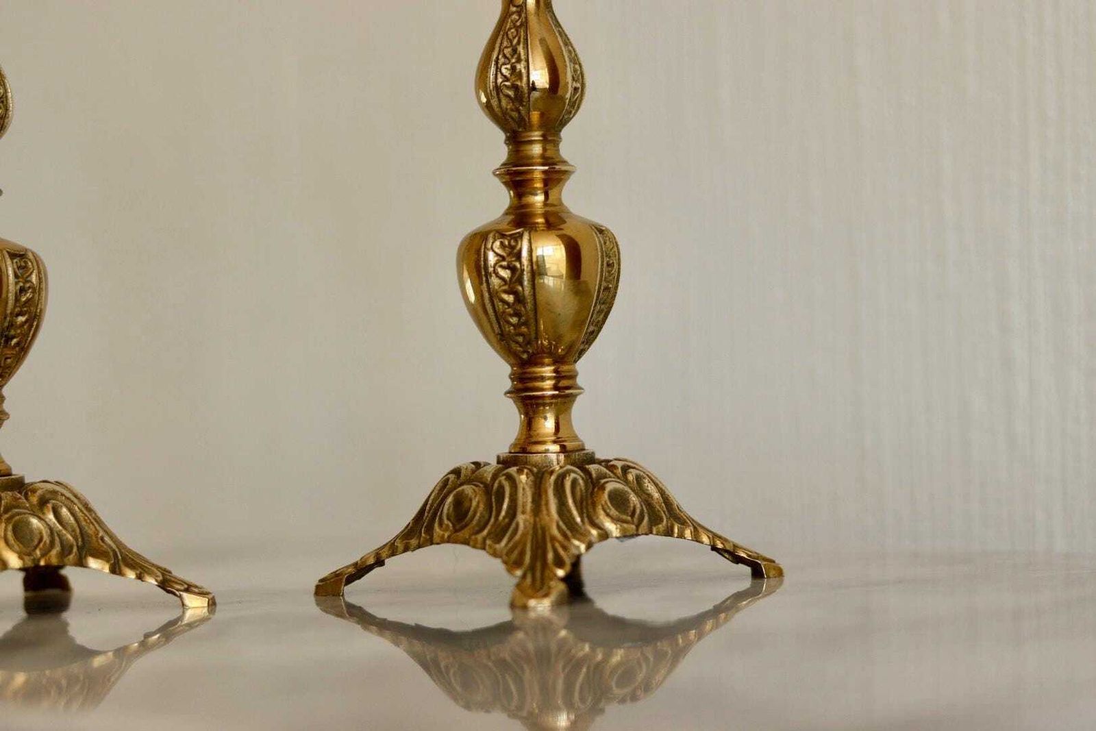 Pair Of Mid Century Swedish Brass Candle Holders photo vintage