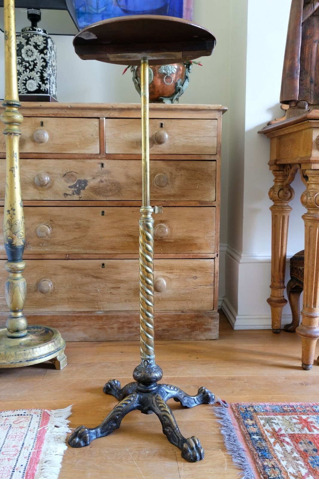 Antique Brass Telescopic Wine Table With Twisted Column And Lions Paw Feet photo vinterior