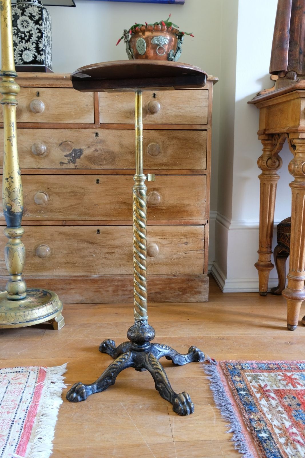 Antique Brass Telescopic Wine Table With Twisted Column And Lions Paw Feet photo buy
