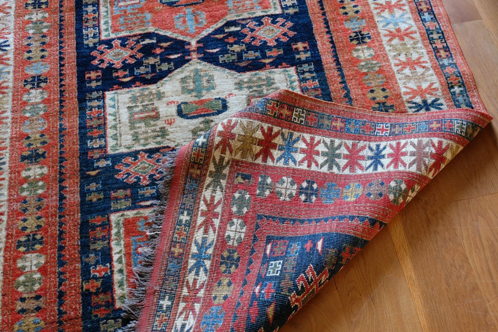 photo furniture Caucasus Kazak Wool Rug With Shield Kazak Medallions