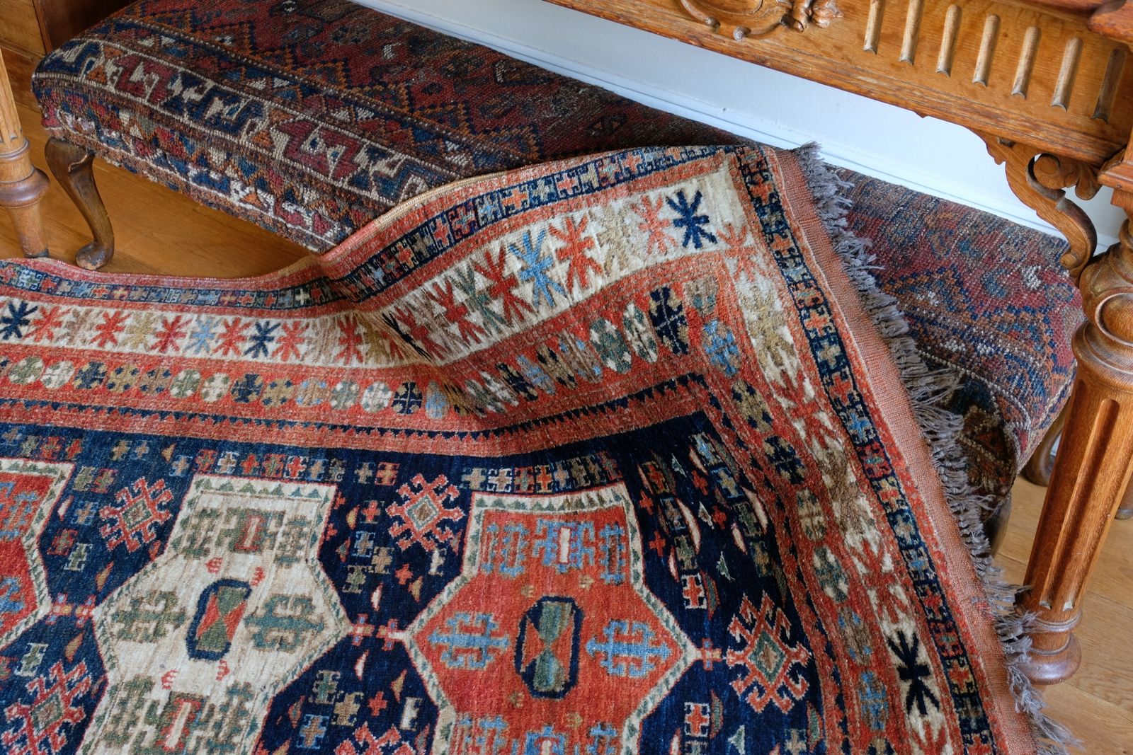 690.0 Caucasus Kazak Wool Rug With Shield Kazak Medallions photo