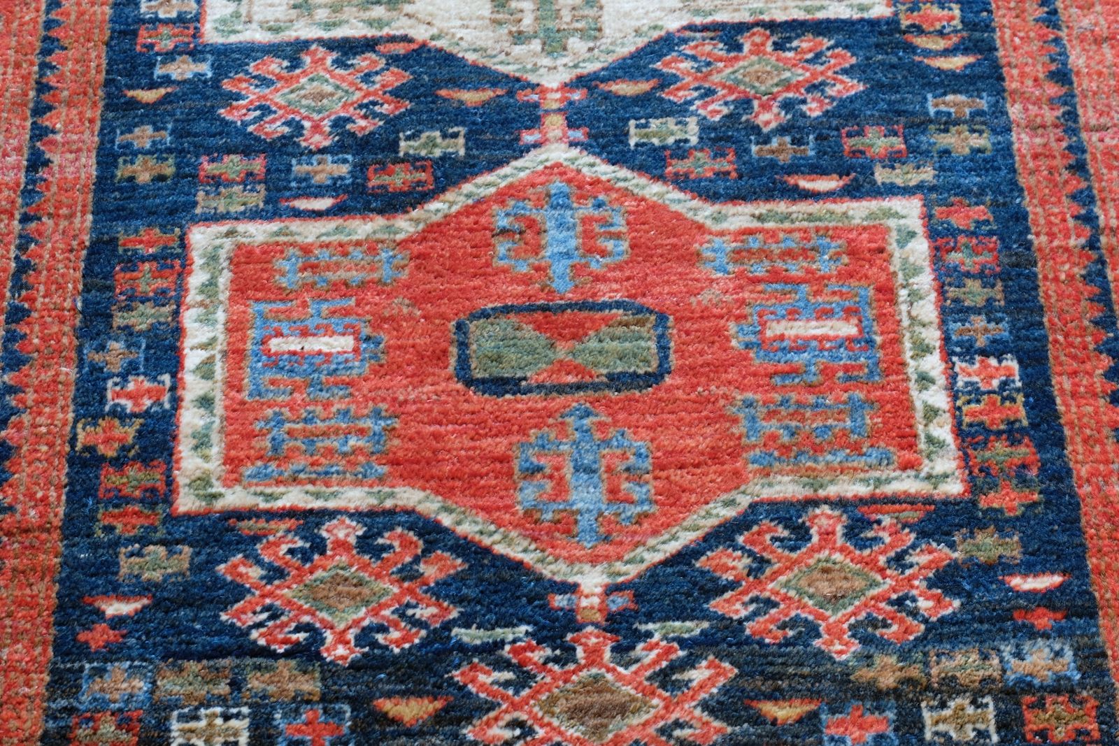 photo buy Caucasus Kazak Wool Rug With Shield Kazak Medallions