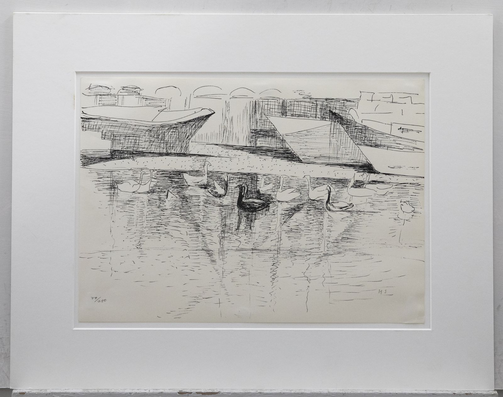 M. S.   South African Achool 20th Century Lithograph, Watching Swans photo furniture