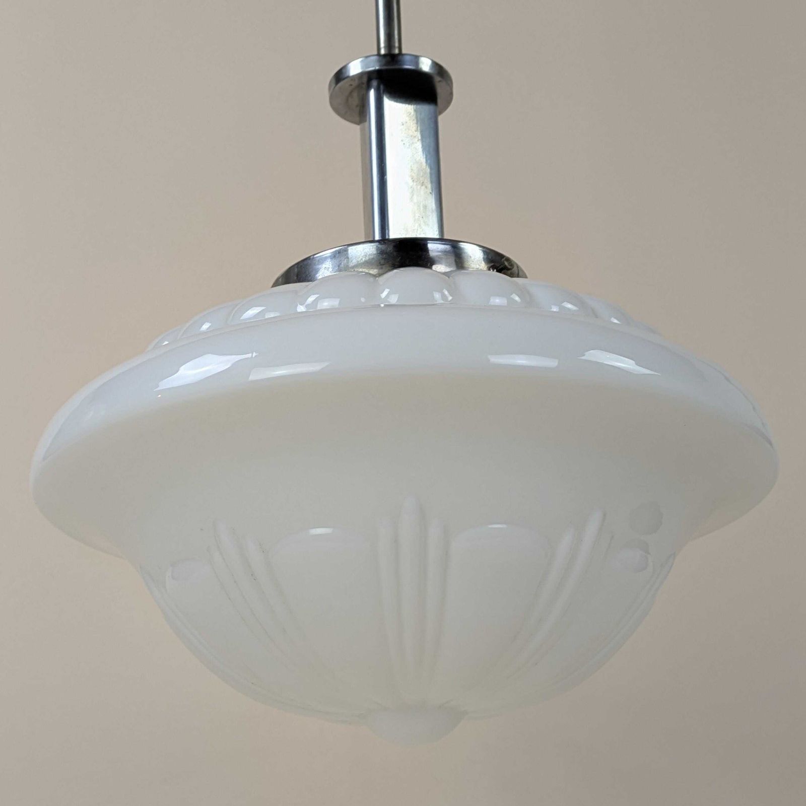 Art Deco French Pendant Light Opaline Glass Shade 1930s Vintage Streamlined Design Ceiling Fixture Home Decor photo vinterior