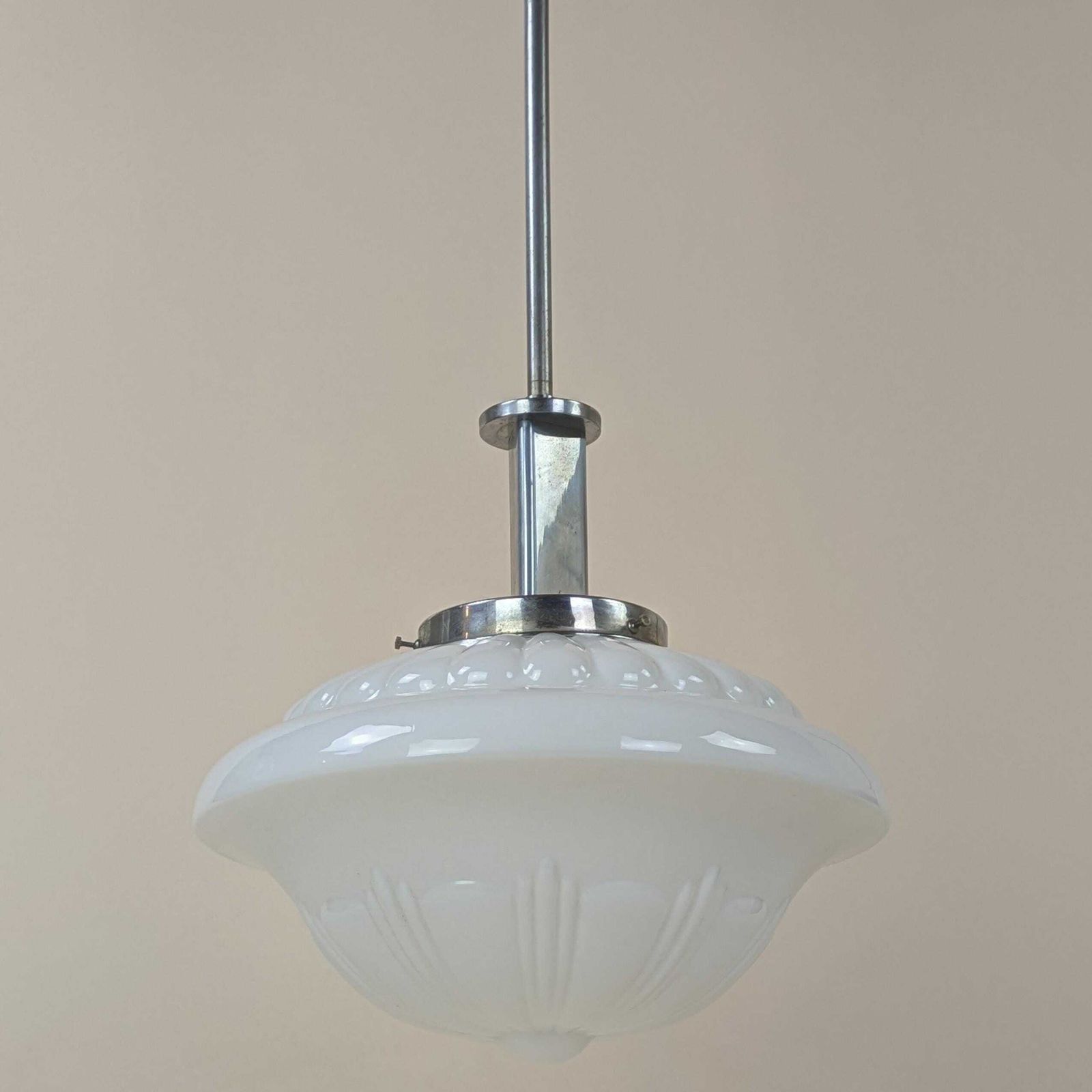 photo for sale Art Deco French Pendant Light Opaline Glass Shade 1930s Vintage Streamlined Design Ceiling Fixture Home Decor