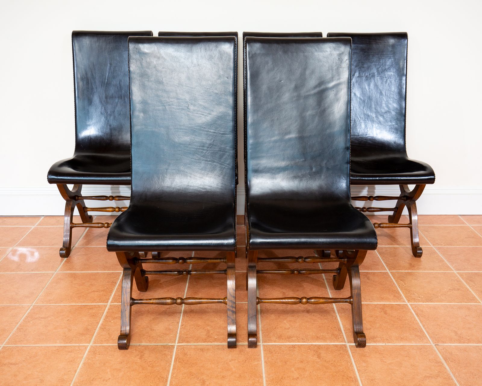 6 Spanish Oak Leather Dining Chairs By Pierre Lottier Valmazan Mid Century Neoclassical Colonial 1960s Black Leather Sling Seat Studded Leather