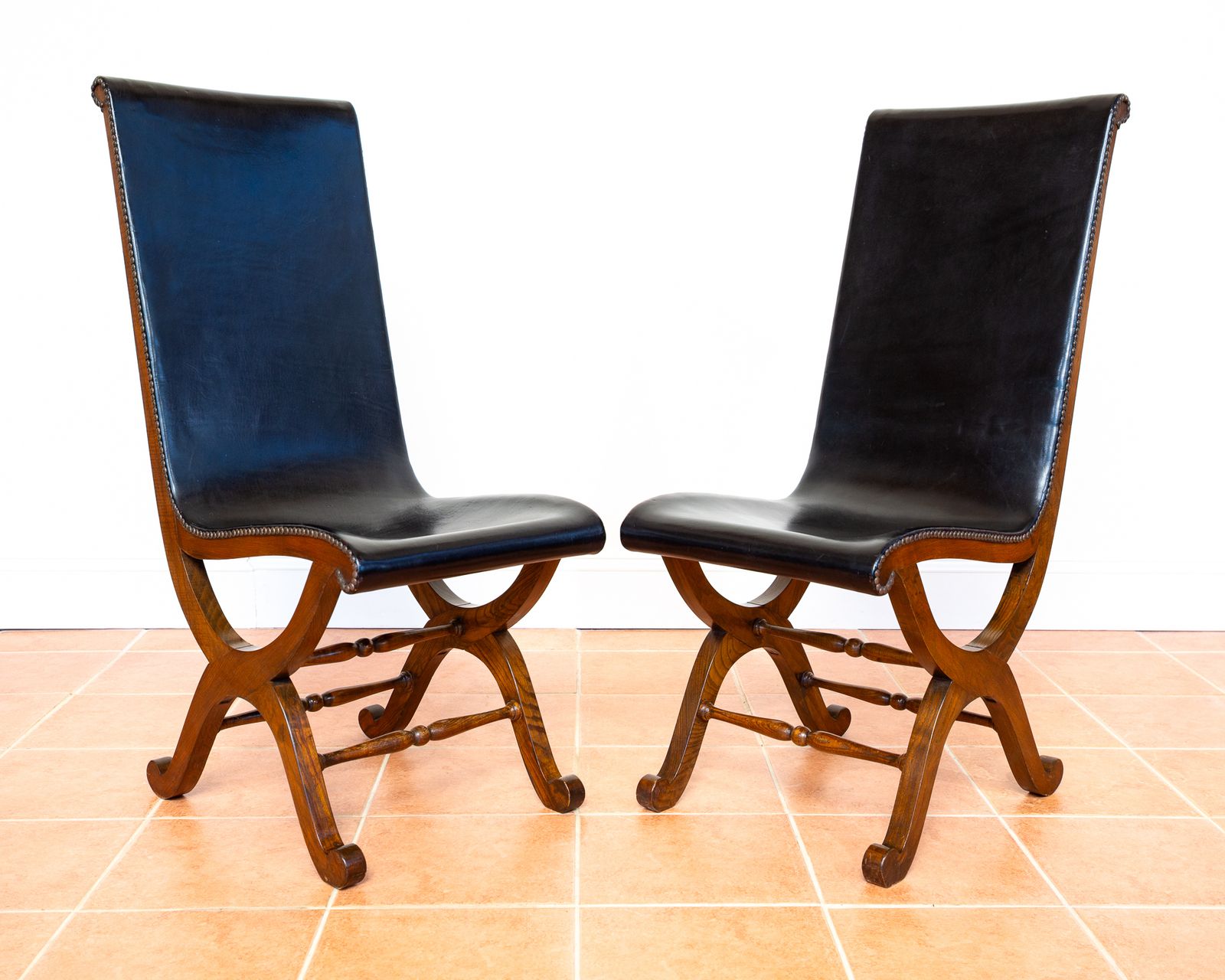 photo vinterior 6 Spanish Oak Leather Dining Chairs By Pierre Lottier Valmazan Mid Century Neoclassical Colonial 1960s Black Leather Sling Seat Studded Leather