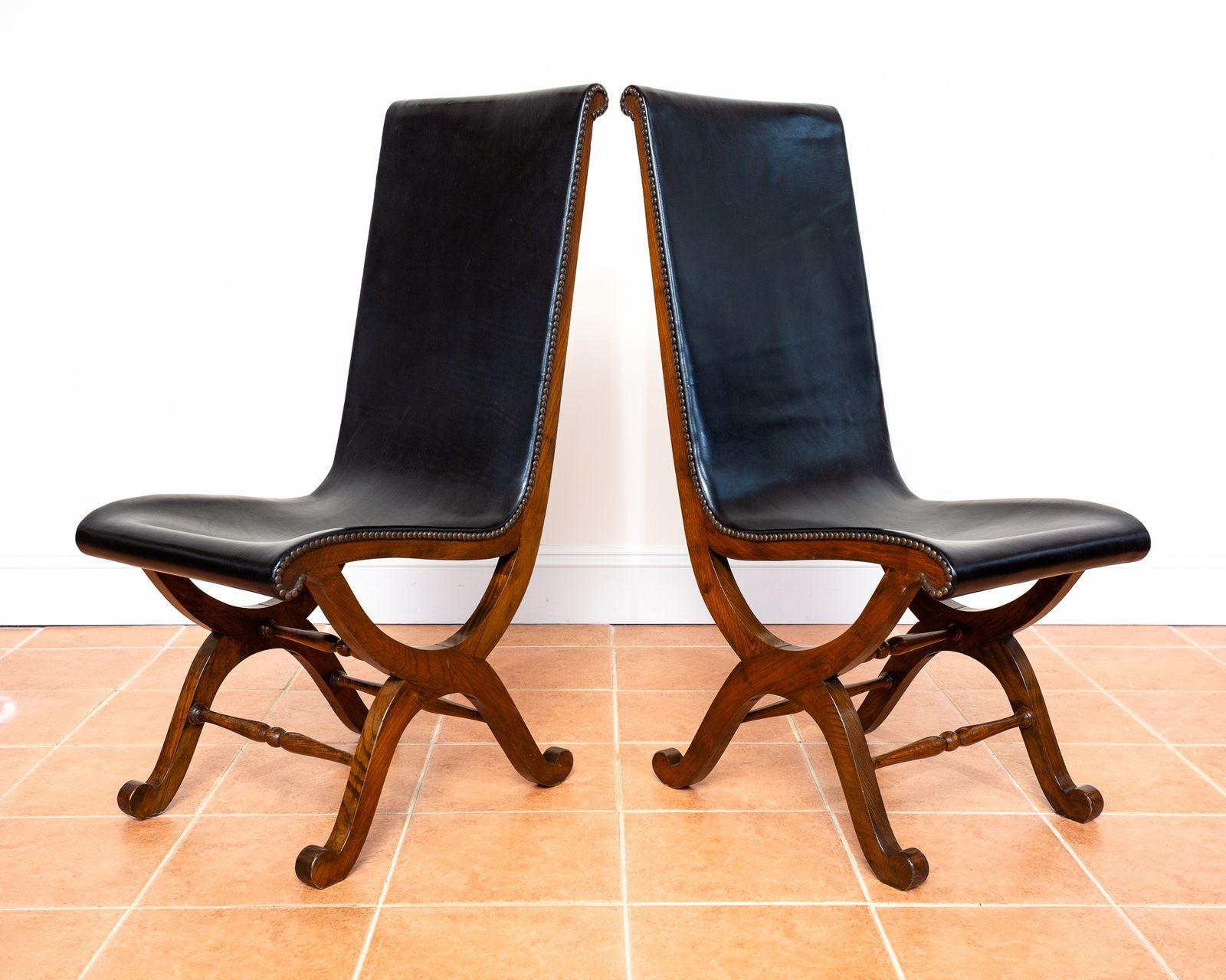 6 Spanish Oak Leather Dining Chairs By Pierre Lottier Valmazan Mid Century Neoclassical Colonial 1960s Black Leather Sling Seat Studded Leather photo furniture