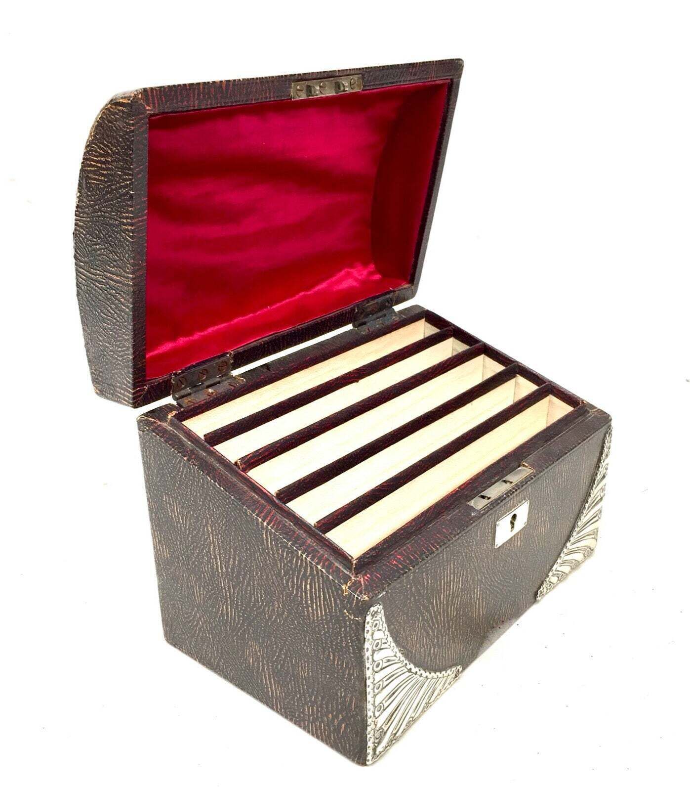Antique Victorian Tabletop Leather Stationery Letter Paper Box / Sterling Silver photo buy