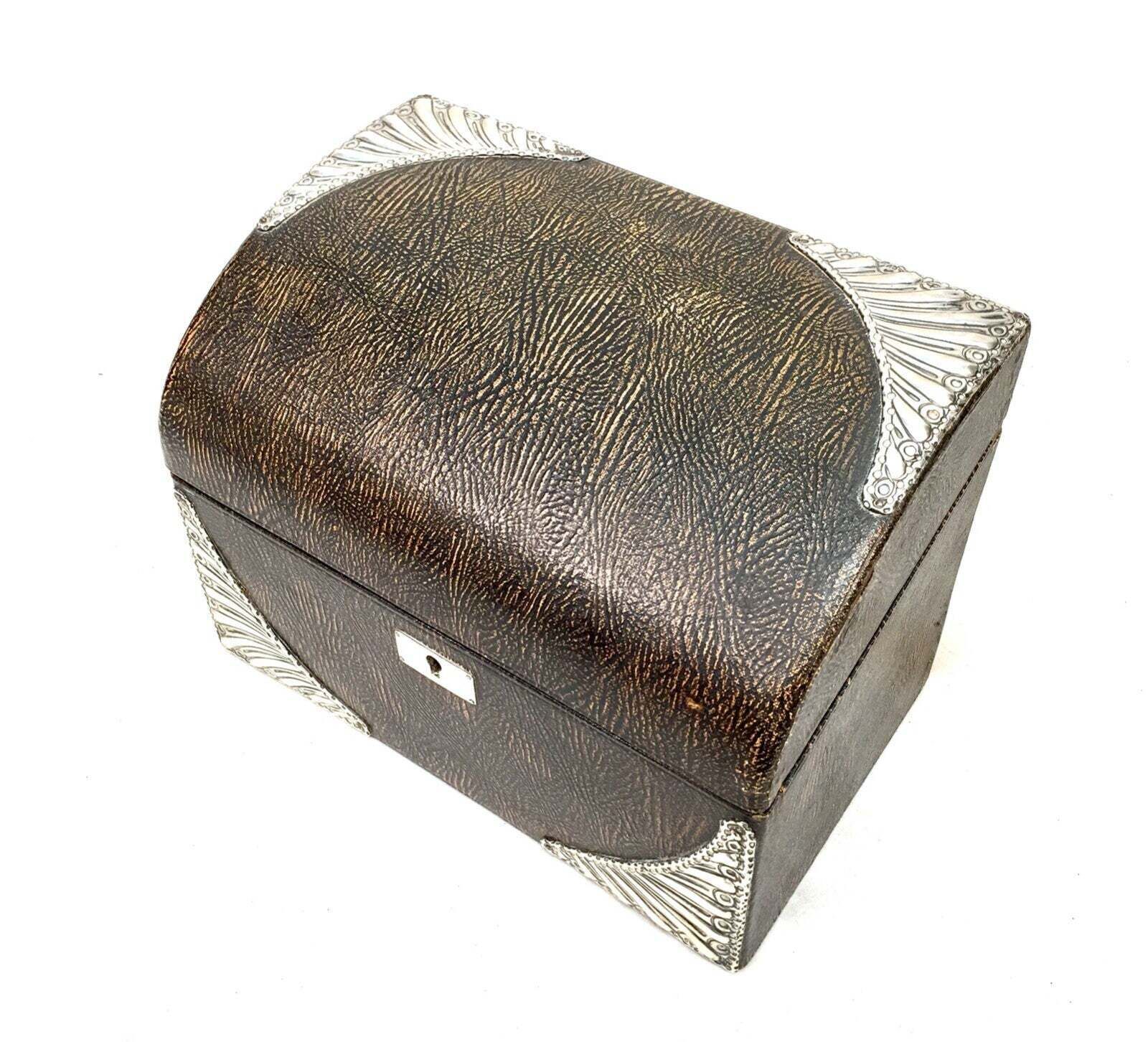 Antique Victorian Tabletop Leather Stationery Letter Paper Box / Sterling Silver photo vintage