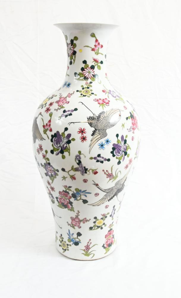 Chinese Qianlong Porcelain Vase Floral Crane Ceramic Urn