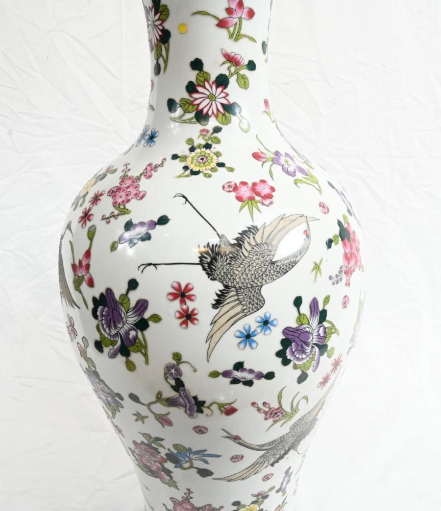 Chinese Qianlong Porcelain Vase Floral Crane Ceramic Urn photo for sale