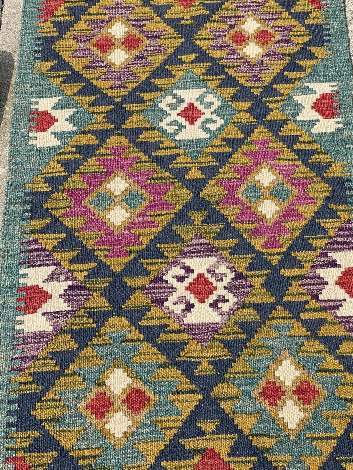 Maimana Kilim Runner Rug, Green Ground, 198x66cm. photo furniture