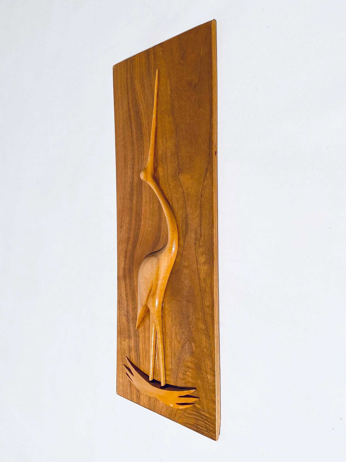 Mid Century Teak Crane Bird Motif Wood Picture / Vintage 50s 60s Wall Decor photo 63.0