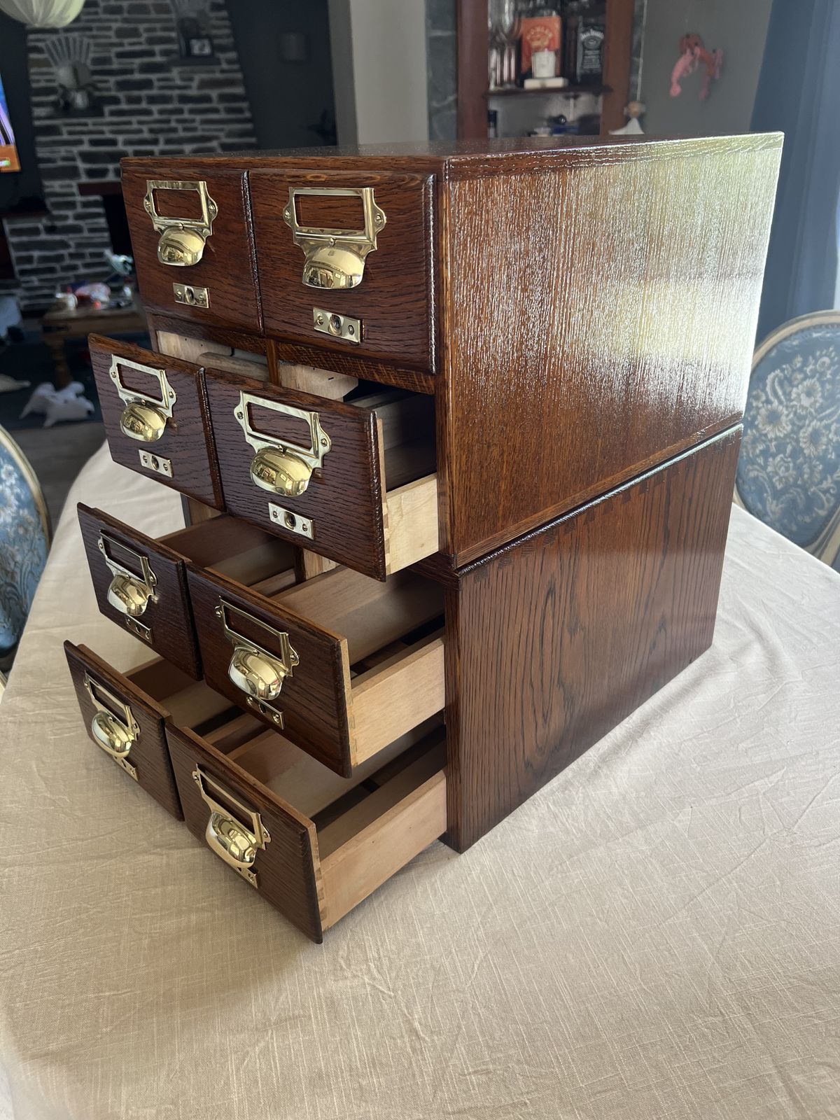 Antique Oak Library Index Card Drawers With Brass Handles Two Sets Of 4